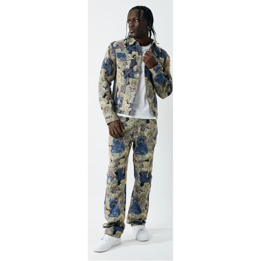 Kindred Men Teddy Bear Tapestry Jacquard 2 Piece Set Trucker Jacket Pants Blue L